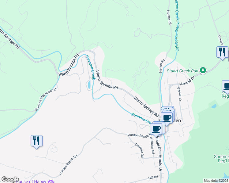 map of restaurants, bars, coffee shops, grocery stores, and more near 4924 Warm Springs Road in Glen Ellen