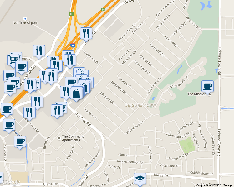 map of restaurants, bars, coffee shops, grocery stores, and more near 131 McKinley Cir in Vacaville