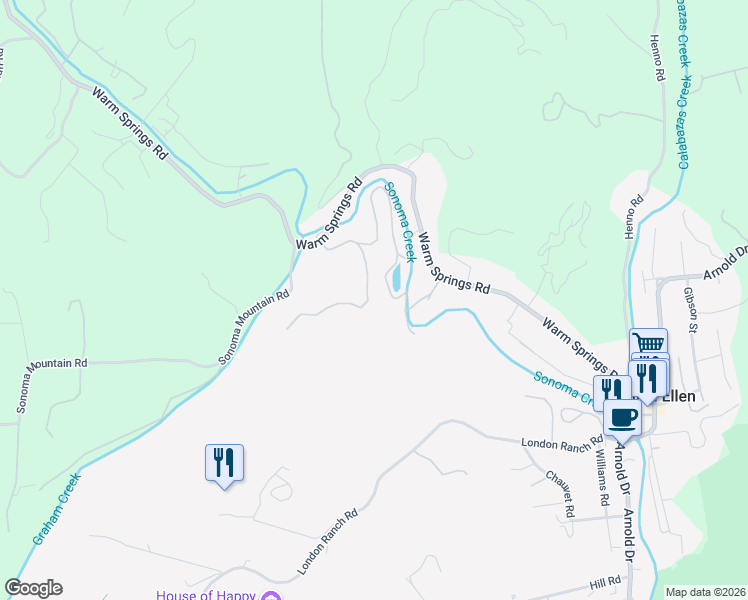 map of restaurants, bars, coffee shops, grocery stores, and more near 4289 Wake Robin Drive in Glen Ellen