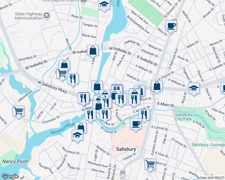 map of restaurants, bars, coffee shops, grocery stores, and more near 111 High Street in Salisbury