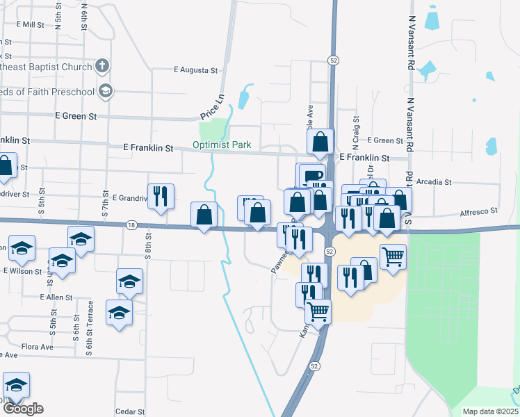 map of restaurants, bars, coffee shops, grocery stores, and more near 1101 East Ohio Street in Clinton