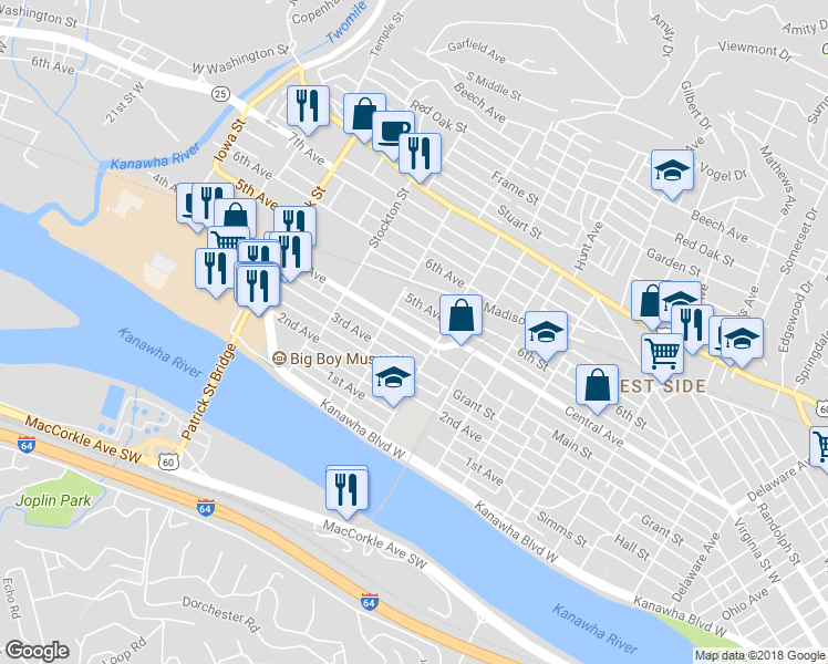 map of restaurants, bars, coffee shops, grocery stores, and more near 4th Avenue in Charleston