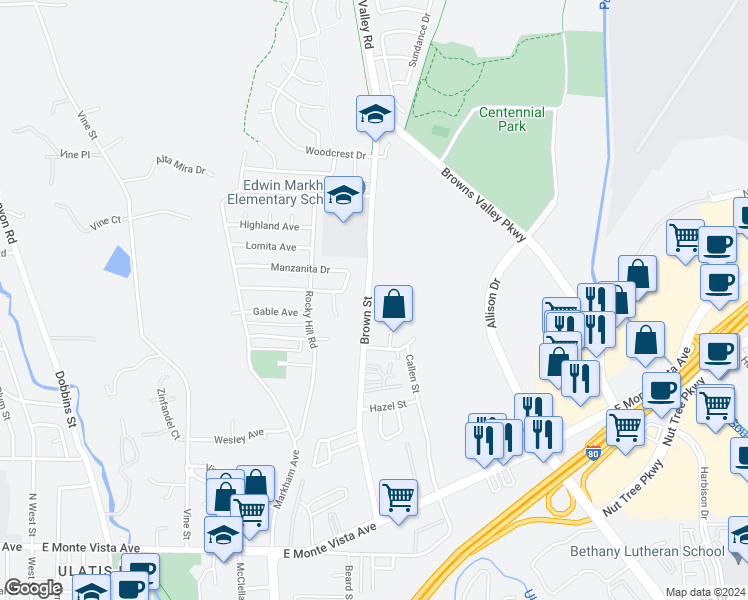 map of restaurants, bars, coffee shops, grocery stores, and more near 358 Brown Street in Vacaville