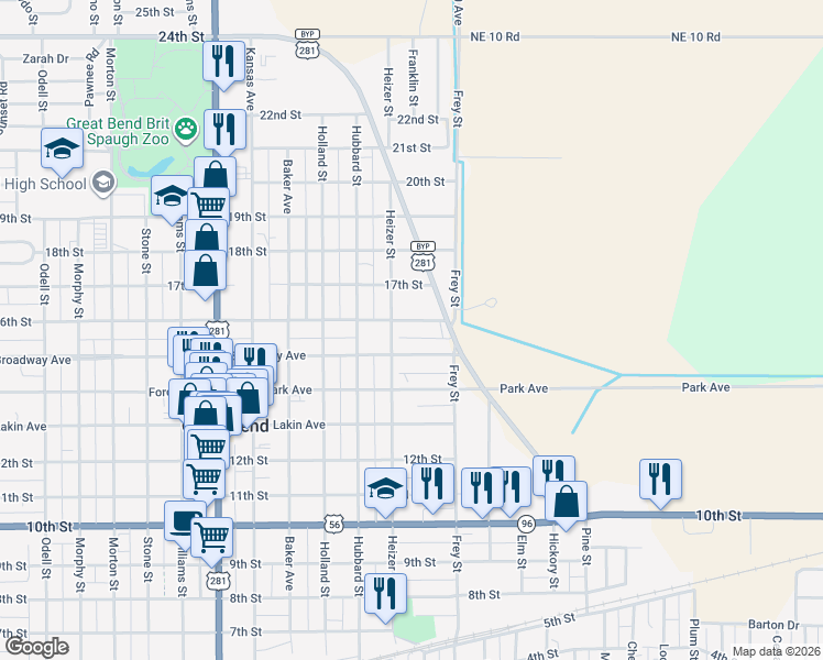 map of restaurants, bars, coffee shops, grocery stores, and more near 1424 Broadway Avenue in Great Bend