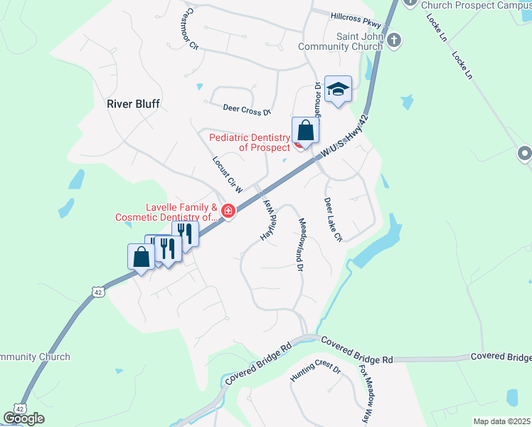 map of restaurants, bars, coffee shops, grocery stores, and more near 13050 U.S. 42 in Prospect