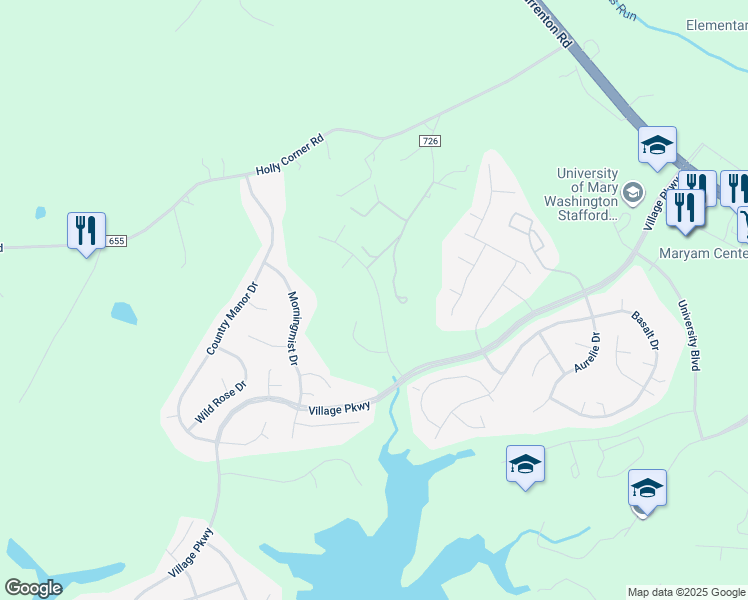 map of restaurants, bars, coffee shops, grocery stores, and more near 39 Village Grove Road in Fredericksburg