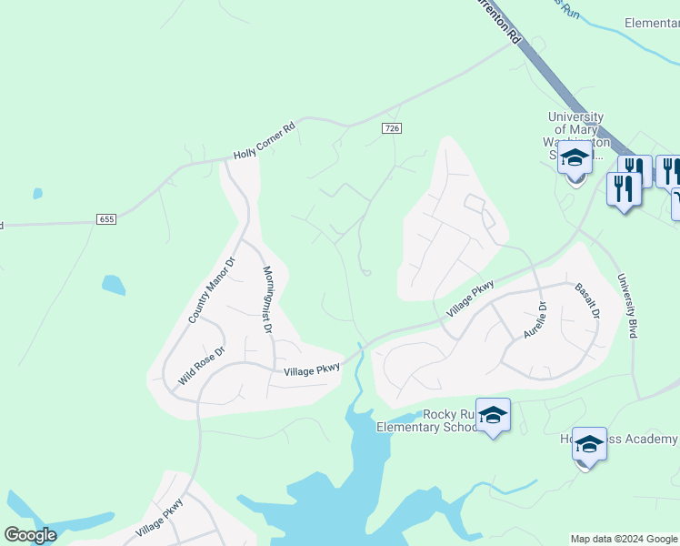map of restaurants, bars, coffee shops, grocery stores, and more near 39 Village Grove Road in Fredericksburg