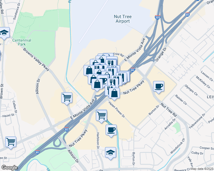 map of restaurants, bars, coffee shops, grocery stores, and more near 1630 East Monte Vista Avenue in Vacaville