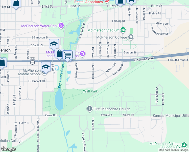 map of restaurants, bars, coffee shops, grocery stores, and more near 300-398 South Maxwell Street in McPherson