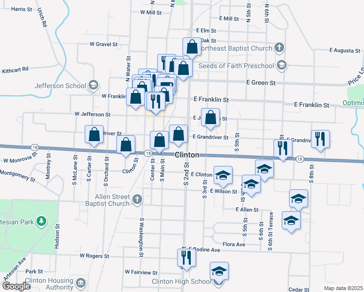 map of restaurants, bars, coffee shops, grocery stores, and more near in Clinton