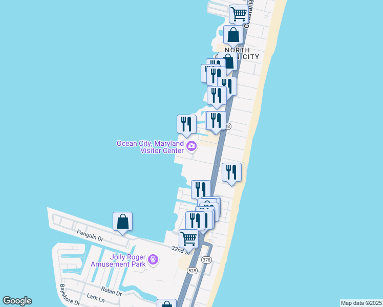 map of restaurants, bars, coffee shops, grocery stores, and more near 4001 Coastal Highway in Ocean City