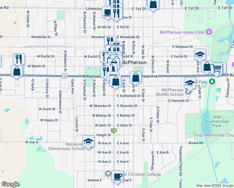 map of restaurants, bars, coffee shops, grocery stores, and more near 221 South Main Street in McPherson