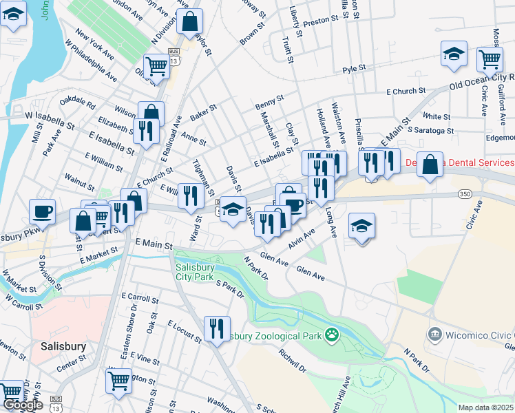 map of restaurants, bars, coffee shops, grocery stores, and more near 706 East William Street in Salisbury