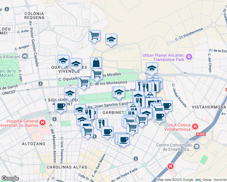 map of restaurants, bars, coffee shops, grocery stores, and more near 18A Carrer Polop in Alacant