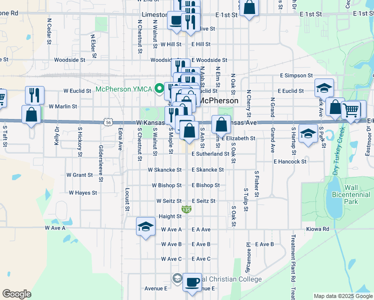 map of restaurants, bars, coffee shops, grocery stores, and more near 221 South Main Street in McPherson