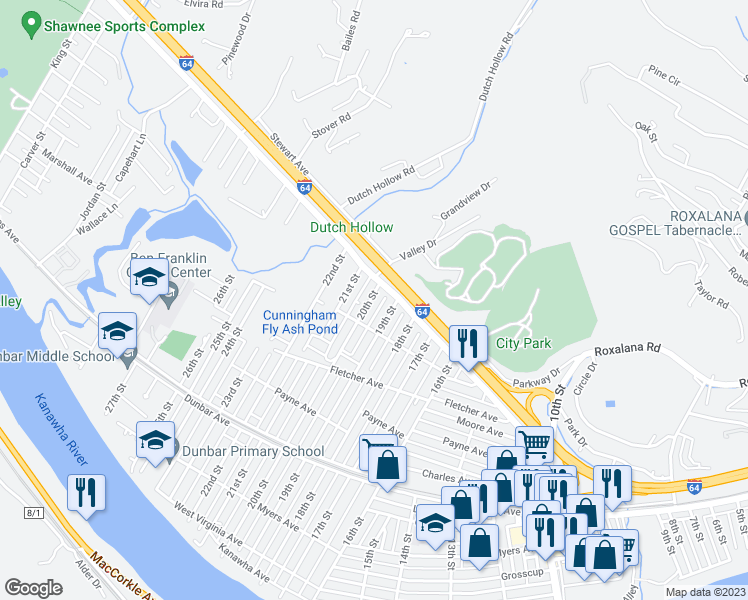map of restaurants, bars, coffee shops, grocery stores, and more near 556 20th Street in Dunbar