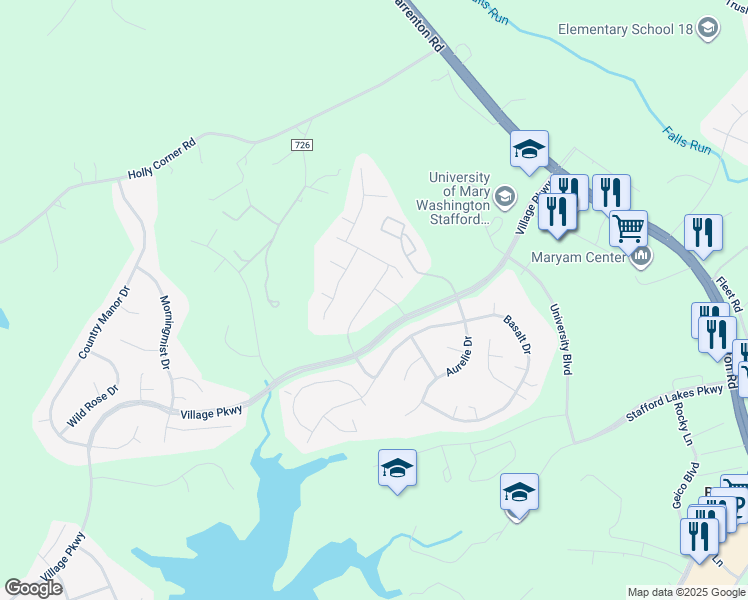 map of restaurants, bars, coffee shops, grocery stores, and more near 1 Zinc Drive in Fredericksburg