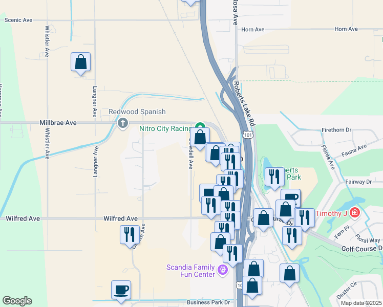 map of restaurants, bars, coffee shops, grocery stores, and more near 4400 Dowdell Avenue in Santa Rosa