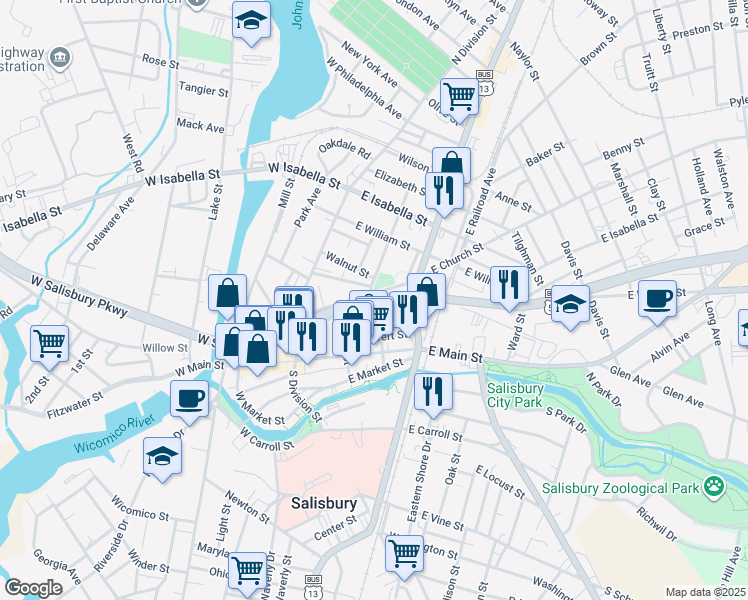 map of restaurants, bars, coffee shops, grocery stores, and more near 421 E Salisbury Pkwy in Salisbury