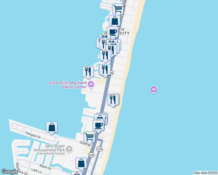 map of restaurants, bars, coffee shops, grocery stores, and more near 209 40th Street in Ocean City