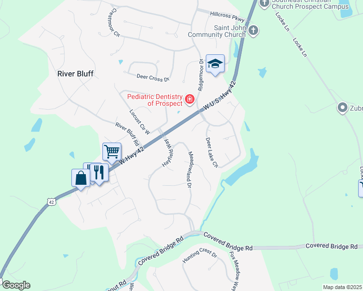 map of restaurants, bars, coffee shops, grocery stores, and more near 3901 Hayfield Way in Prospect