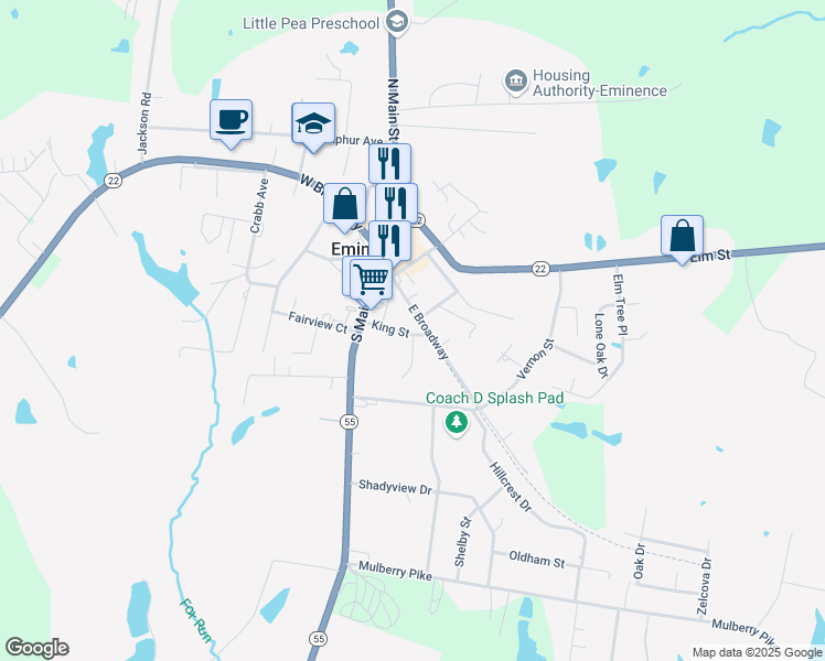 map of restaurants, bars, coffee shops, grocery stores, and more near 139 King Street in Eminence