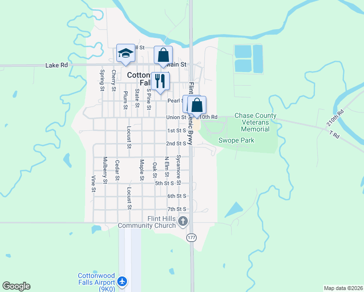 map of restaurants, bars, coffee shops, grocery stores, and more near 200 Sycamore Street in Cottonwood Falls