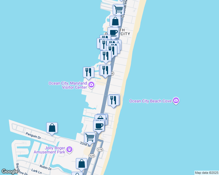 map of restaurants, bars, coffee shops, grocery stores, and more near 209 40th Street in Ocean City