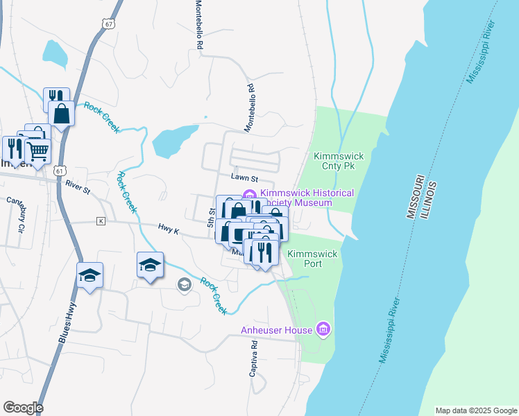 map of restaurants, bars, coffee shops, grocery stores, and more near 100 Oak Street in Kimmswick