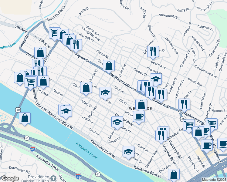 map of restaurants, bars, coffee shops, grocery stores, and more near 1001-1099 Madison St in Charleston