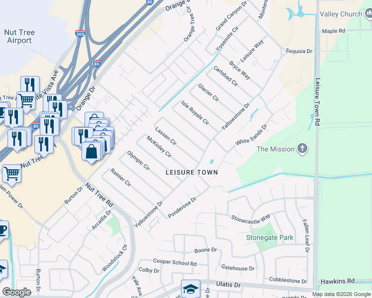 map of restaurants, bars, coffee shops, grocery stores, and more near 113 Lassen Circle in Vacaville