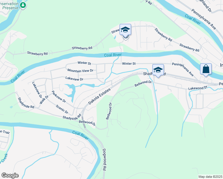 map of restaurants, bars, coffee shops, grocery stores, and more near 2404 Shadyside Rd in St Albans