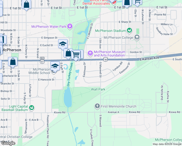 map of restaurants, bars, coffee shops, grocery stores, and more near 1108 Lyndon Road in McPherson