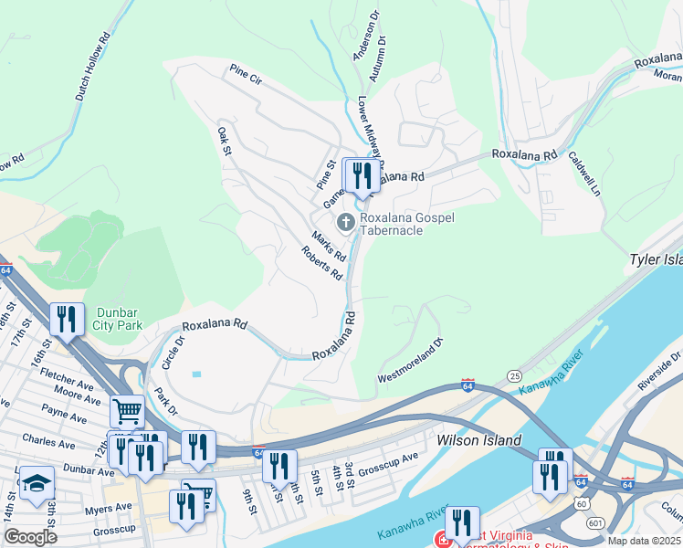 map of restaurants, bars, coffee shops, grocery stores, and more near 1886 Roberts Rd in Dunbar