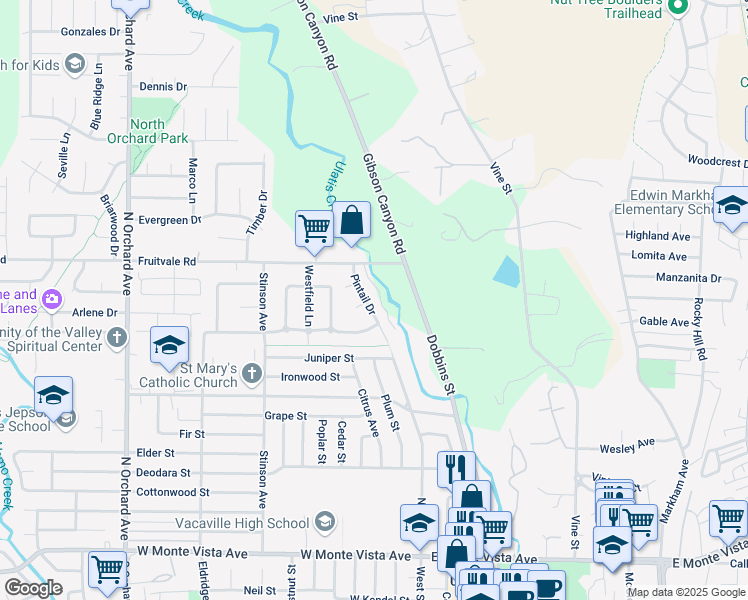 map of restaurants, bars, coffee shops, grocery stores, and more near 749 Pintail Drive in Vacaville