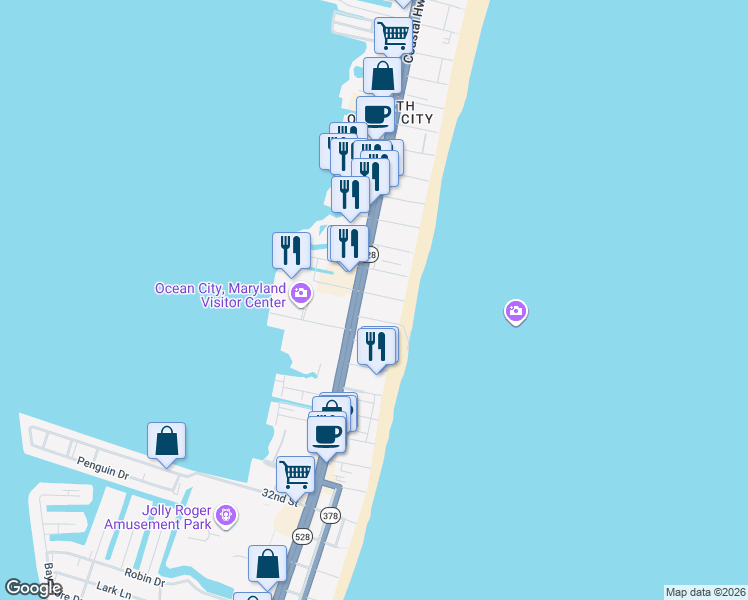 map of restaurants, bars, coffee shops, grocery stores, and more near 9 41st Street in Ocean City