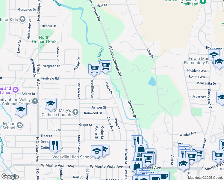 map of restaurants, bars, coffee shops, grocery stores, and more near 749 Pintail Drive in Vacaville