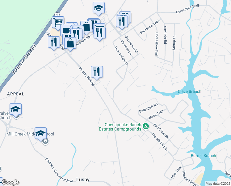 map of restaurants, bars, coffee shops, grocery stores, and more near 228 Thunderbird Drive in Lusby