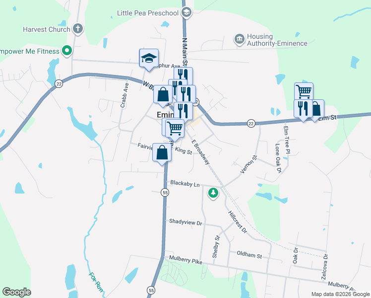 map of restaurants, bars, coffee shops, grocery stores, and more near 139 King Street in Eminence