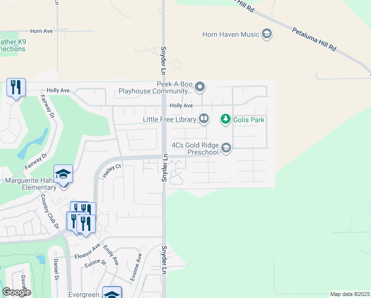 map of restaurants, bars, coffee shops, grocery stores, and more near Gold Way & Graymill Court in Rohnert Park
