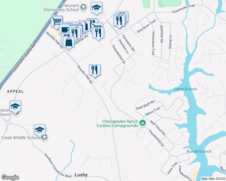 map of restaurants, bars, coffee shops, grocery stores, and more near 228 Thunderbird Drive in Lusby
