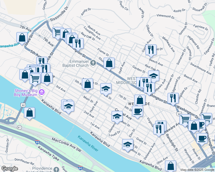 map of restaurants, bars, coffee shops, grocery stores, and more near 607 Hunt Avenue in Charleston