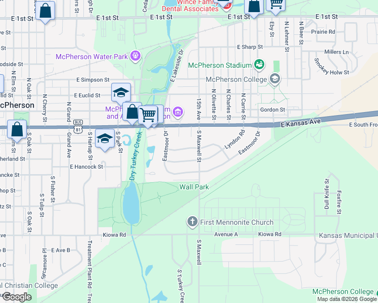map of restaurants, bars, coffee shops, grocery stores, and more near 107 Laurel Court in McPherson