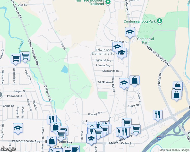 map of restaurants, bars, coffee shops, grocery stores, and more near Markham Ave & Novato Dr in Vacaville