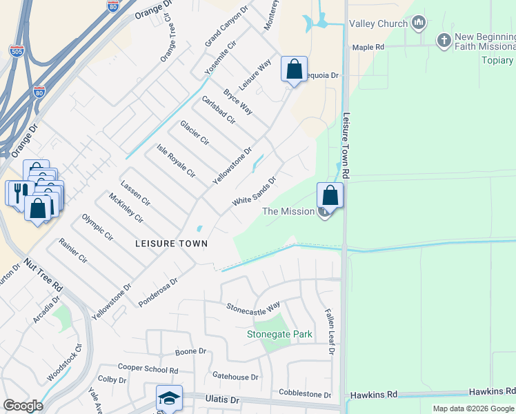 map of restaurants, bars, coffee shops, grocery stores, and more near 244 White Sands Drive in Vacaville