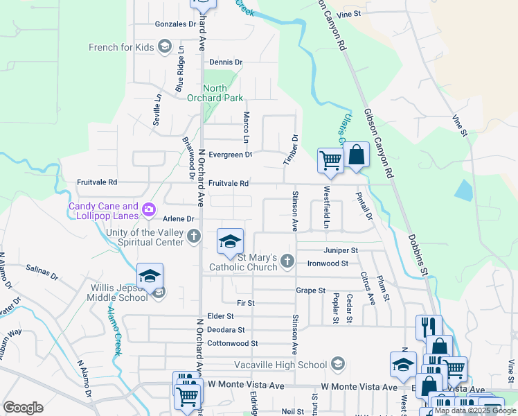 map of restaurants, bars, coffee shops, grocery stores, and more near 548 Laramie Way in Vacaville