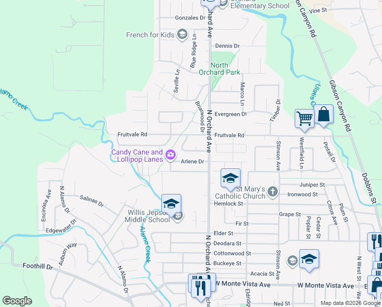 map of restaurants, bars, coffee shops, grocery stores, and more near 531 Parkridge Court in Vacaville
