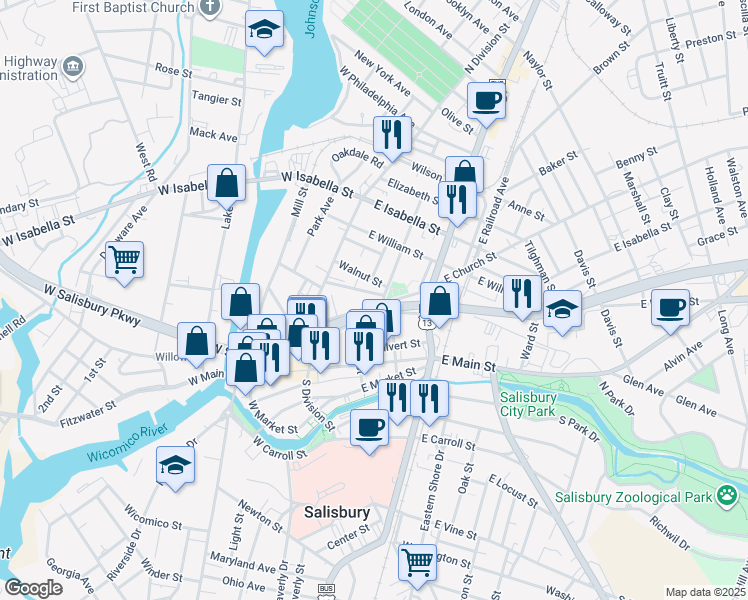 map of restaurants, bars, coffee shops, grocery stores, and more near 114 Walnut Street in Salisbury