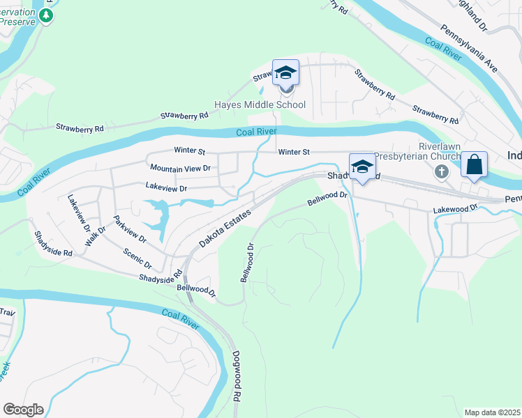 map of restaurants, bars, coffee shops, grocery stores, and more near 2404 Shadyside Rd in St Albans
