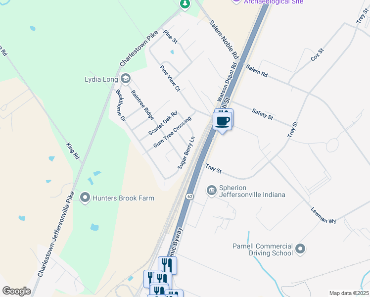 map of restaurants, bars, coffee shops, grocery stores, and more near 5605 Mimosa Run in Jeffersonville